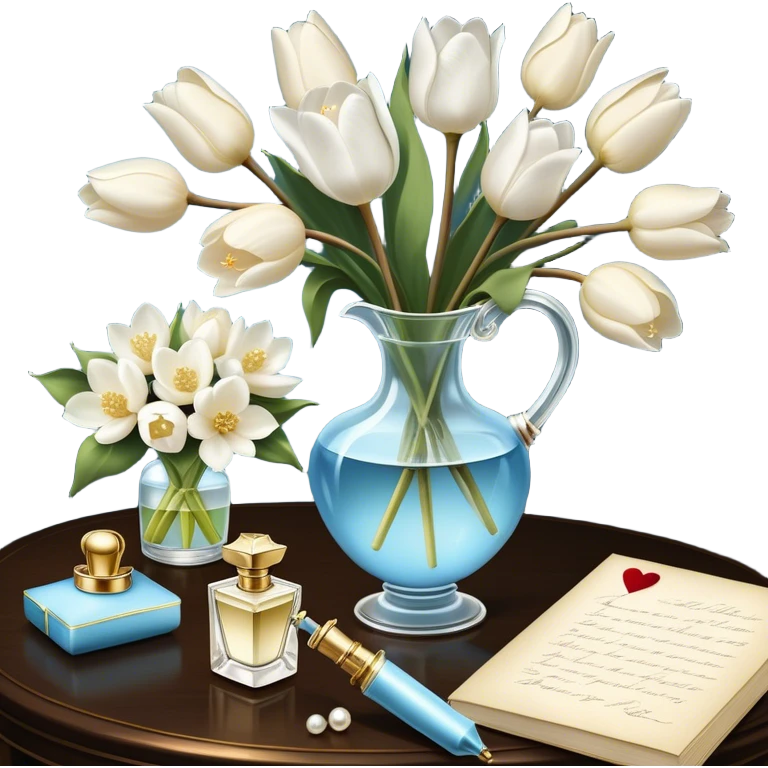 A luxurious still life featuring an ornate glass perfume bottle with a golden atomizer, a handwritten love letter, and a bouquet of white magnolias and pale blue tulips, with a pearl ribbon cascading over the table.
 emoji