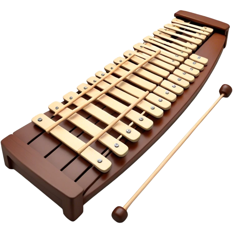 Create a detailed and professional emoji representing a Fleet FLT-SX37 orchestral long wooden xylophone. The design should showcase the large, wooden bars of the xylophone arranged in a traditional layout, with a polished, smooth finish. The bars should be dark brown or mahogany, with soft metallic reflections on the resonators underneath. Include two mallets with rubber or wooden heads resting on the bars, emphasizing their role in striking the notes. The xylophone should have a sophisticated and professional appearance, with clean lines and a polished look. Add subtle musical notes or sound waves to represent the vibrant sound produced by the instrument. The background should be transparent. emoji