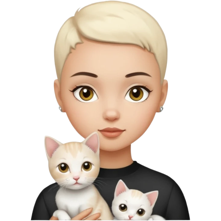 White kitten with lady HAZEL EYES , BLACK BUZZ CUT LIGHT SKIN ROUND FACE GIRL emoji