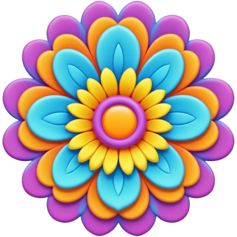 3D, psychedelic colored label with hippie style flower border emoji