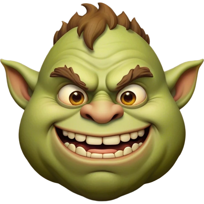 Cinematic Comical Ogre Portrait Emoji, with a strikingly exaggerated, bulky figure in vivid earthy greens and browns, head tilted in a dramatically surprised expression with wide, comically bulging eyes and a goofy, oversized grin, simplified yet hilariously exaggerated, highly detailed with a soft, cartoonish glowing outline capturing the playful absurdity of a meme-worthy ogre! emoji