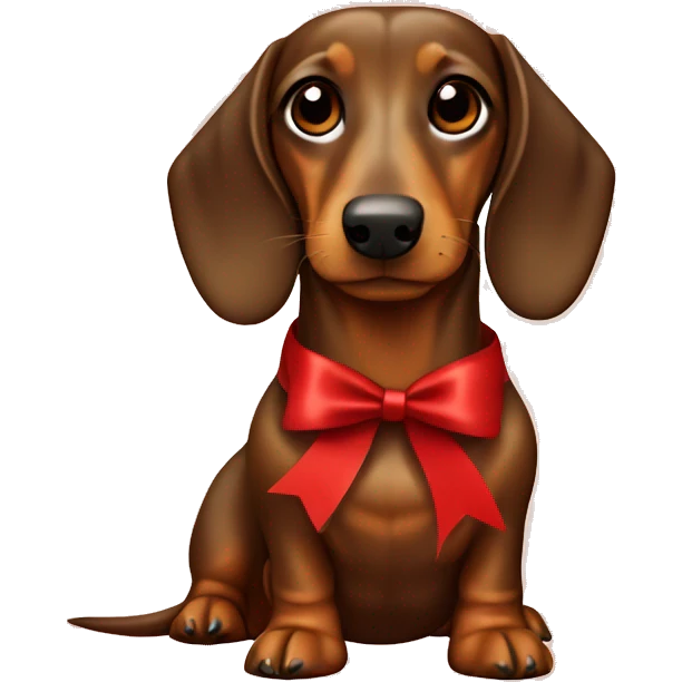 Brown Dachshund wrapped in holiday paper with red bow on head emoji