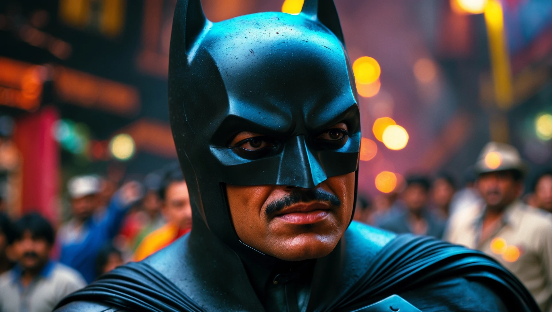 A cinematic screengrab from 1990 Indian Bollywood film called 'Batman', Sony Alpha a7 III camera, colorful  emoji