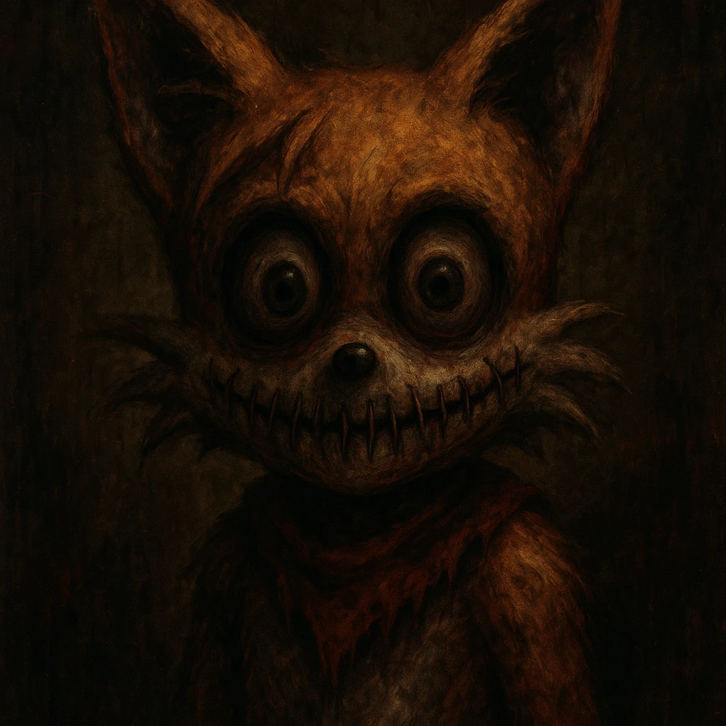 scary Tails.exe character, horror style, stitched mouth, unsettling eyes, creepy vibe emoji