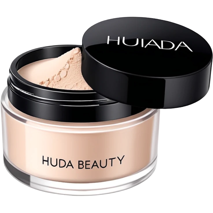 Create an emoji of Huda Beauty loose powder in its round, flat jar, short and wide, frosted or matte plastic, black screw-on lid, minimal luxe makeup packaging, clean glam aesthetic. emoji
