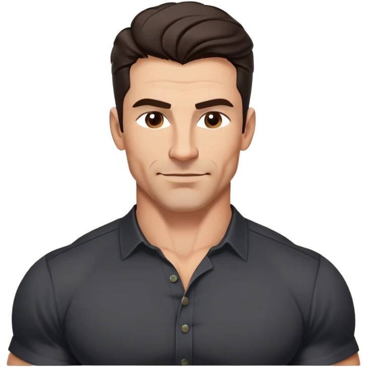 Muscular buff man in his 40s with youthful appearance, light brown skin, elongated face, defined jawline, attractive smirk, medium dark eyes, arched eyebrows, straight nose, strong broad shoulders, medium wavy dark hair with modern style, wearing a black buttoned-up shirt emoji