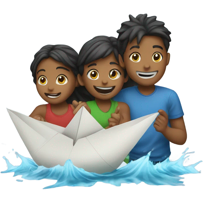3 kids playing with a paper ship in the rain emoji
