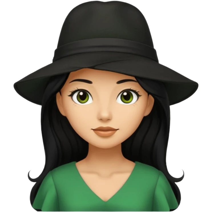 green dress black long hair black hat emoji
