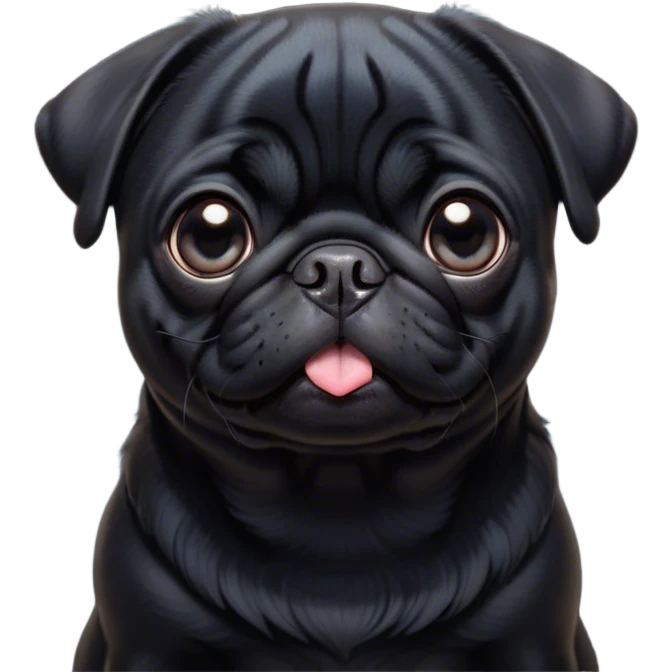 Cinematic Cute Black Pug Portrait Emoji, Head tilted playfully and inquisitively, featuring a glossy black coat with a smooth finish, round, sparkling dark eyes filled with curiosity, Simplified yet irresistibly adorable features, highly detailed, glowing with a warm, friendly glow, high shine, affectionate and lively, stylized with a touch of whimsy, bright and endearing, soft glowing outline, capturing the essence of a mischievous yet loving pup, so playful it feels like it could bounce out of the screen and into your arms! emoji