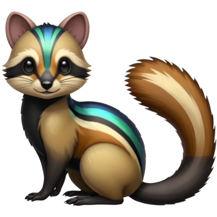 Colorful onyx-obsidian-pitch-black and iridescent Cacomistle-Numbat-Ferret-hybrid-fusion-animal-creature, full body  emoji