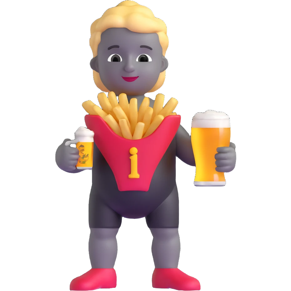 Belgian Manneken Pis statue holding a beer in one hand and fries in the other, playful expression emoji