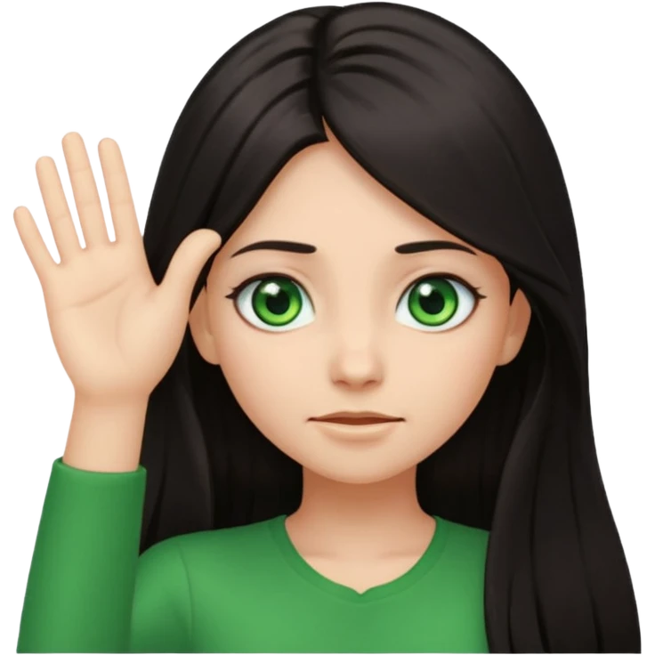 Animated girl dark long hair green eyes emoji with duh facial expression ,one hand on top of her head emoji