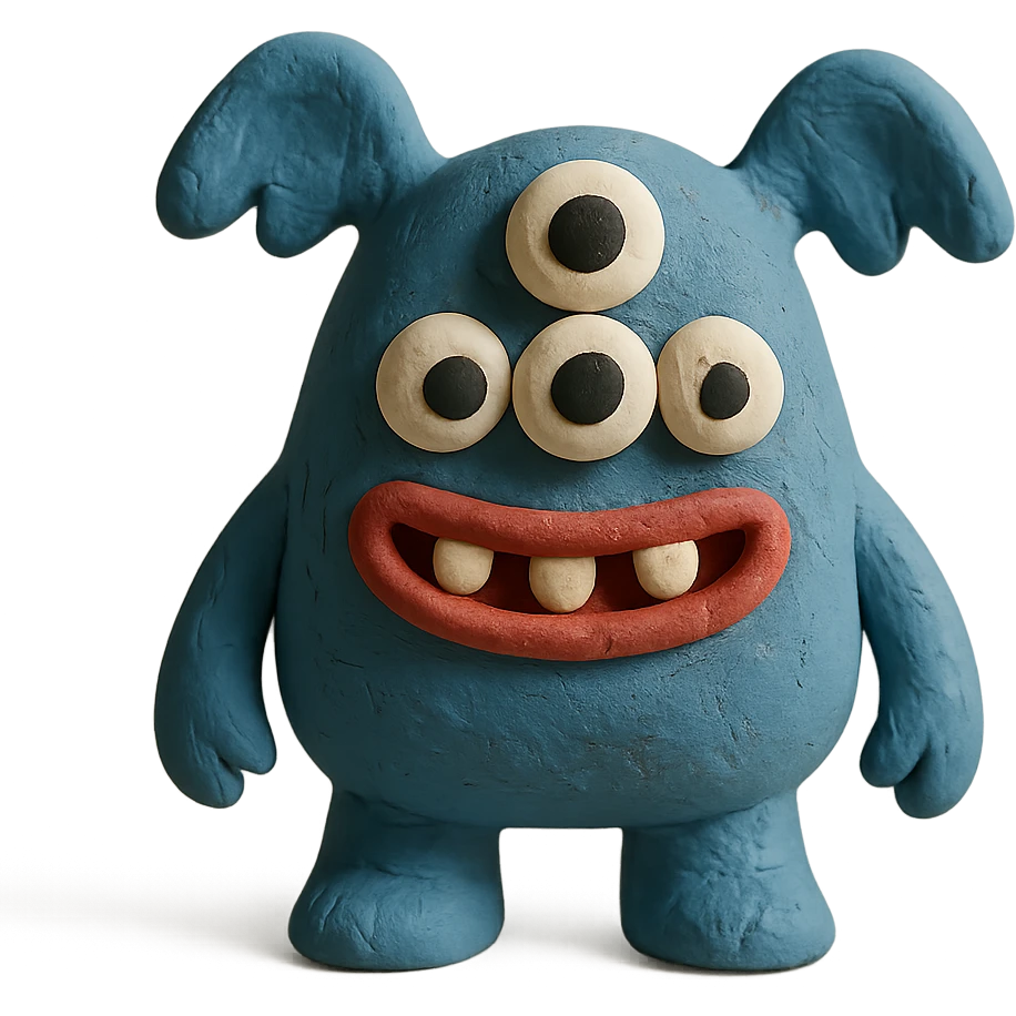 fuzzy blue monster with three eyes, claymation style emoji