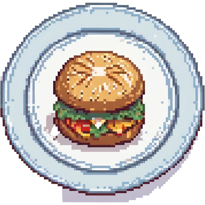 burger on a plate, pixel art, emoji emoji