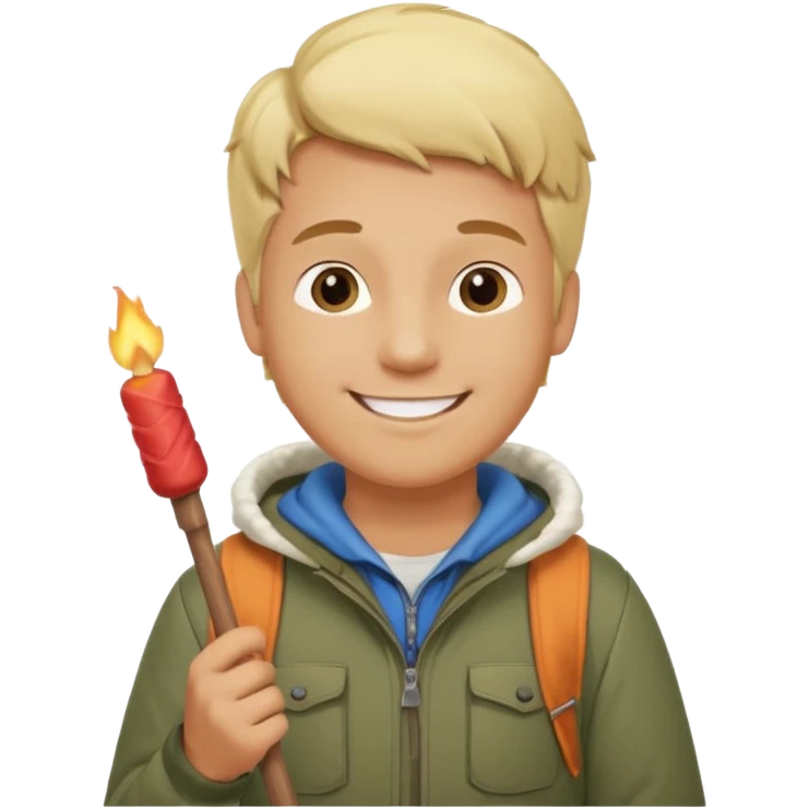 bşonde male with camping clothes holding marshmallow stick emoji