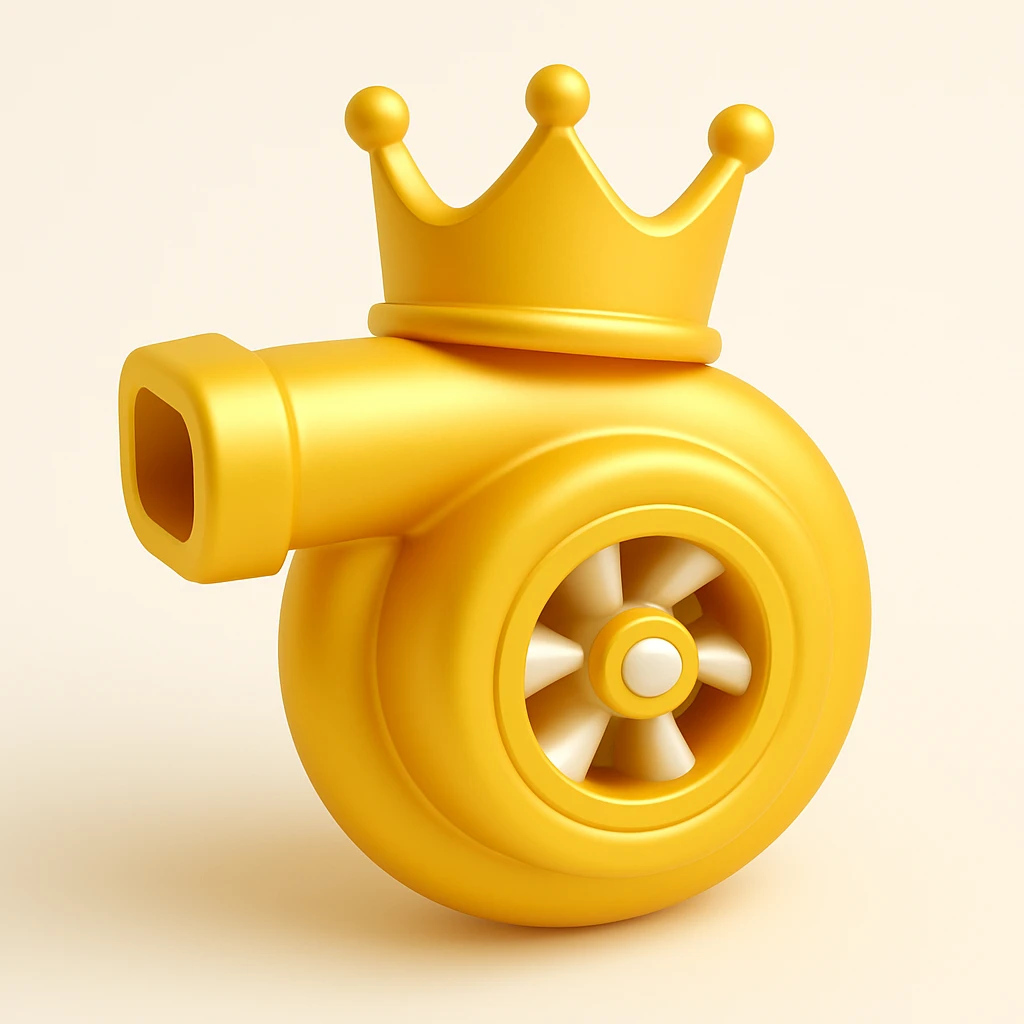 a turbocharger with a crown on top, 3D style, metallic and gold accents emoji
