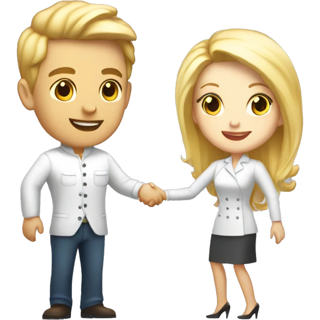 restaurant owner with white skin and blogger with white skin and blonde hair shaking hands in full height emoji
