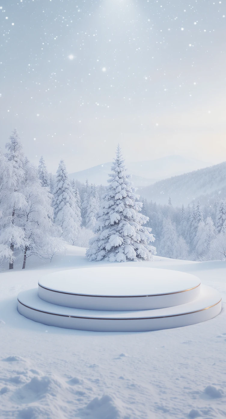 Cinematic still of a winter landcape, white circle stage on middle, snowy,christmas tree in snow, in background we can see beautifull snowy landscape, soft light, symmetrical, day --no curtains emoji