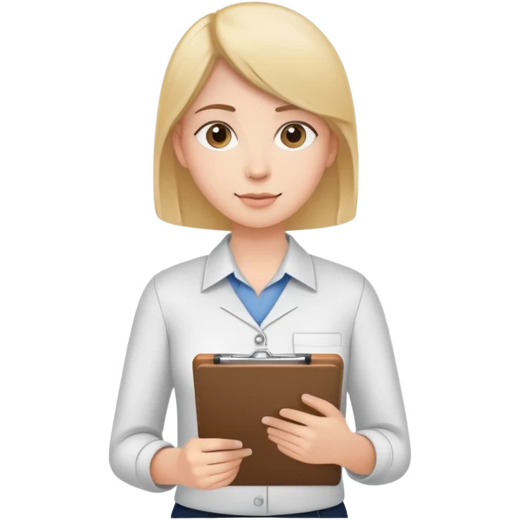 intern or volunteer holding a clipboard and pencil, ready to take notes or assist. The character wears a simple shirt and has an eager posture emoji