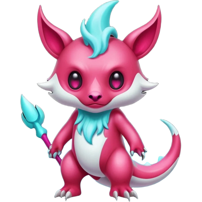 Epic complex detailed sanguine-red magenta pink white pastel realistic aesthetic-scenic-Fakémon-Trico-Sergal-Serval-Vernid-creature (full body) with cyan markings  emoji