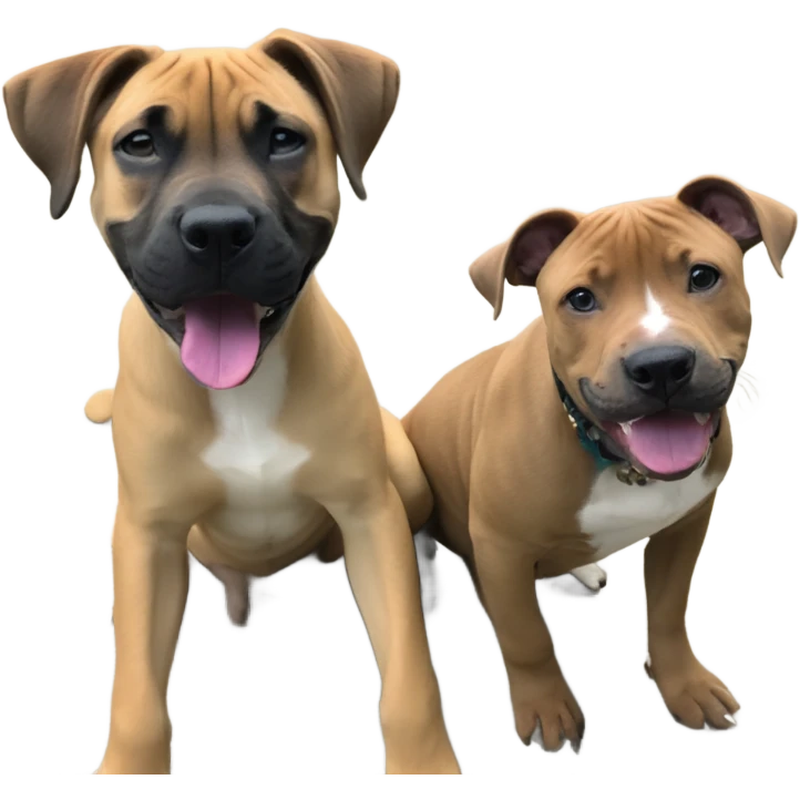 Black mouth cur puppy next to black and white smiling pit bull emoji