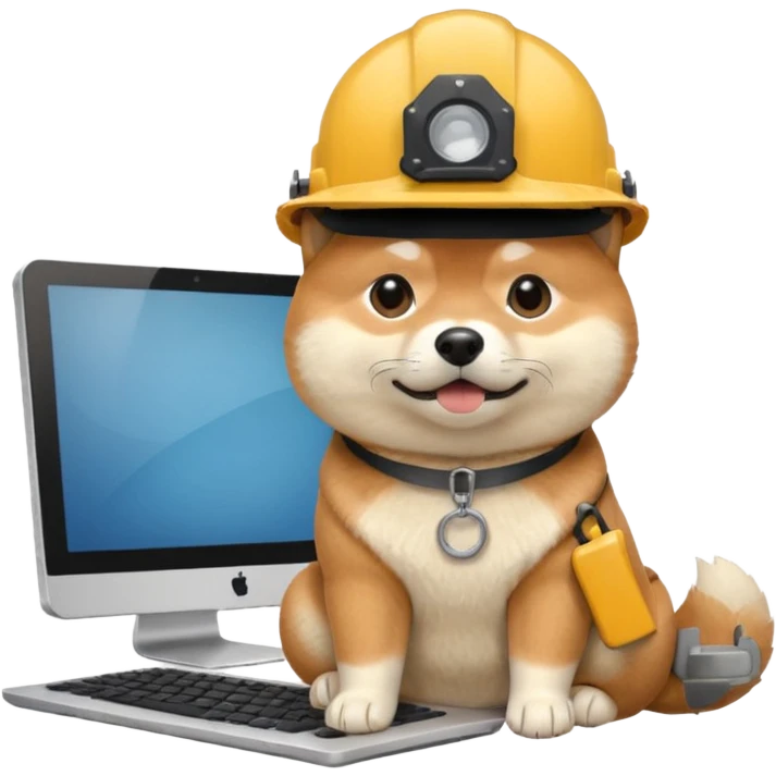 shiba inu with eye glasses and computer wearing a hard hat emoji