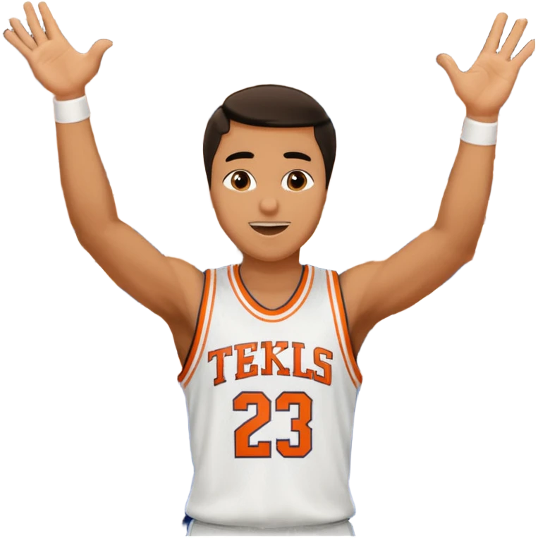 Maverick Trevillian in the crowd at an amateur basketball game. He leans towards the camera and enthusiastically shouts "six seven while performing a distinctive hand gesture: both hands open, palms facing upward, moving up and down as if weighing two options. emoji