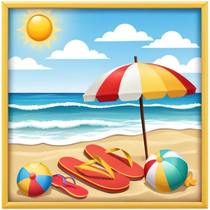 Icon for Beach Tourism: a sandy beach with a sun umbrella, beach ball, and flip-flops, with the ocean waves in the background. The icon should capture the relaxation and fun of a beach vacation. Transparent background emoji