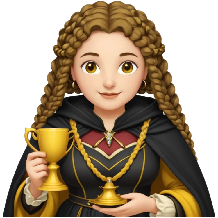 Helga Hufflepuff, 2 curly thick brown braids, yellow-black medieval dress, black cloak decorated with gold braiding, tiny two-handled shiny yellow-gold cup, very kind smile, curvy busty sweet woman, thick rosy cheeks emoji