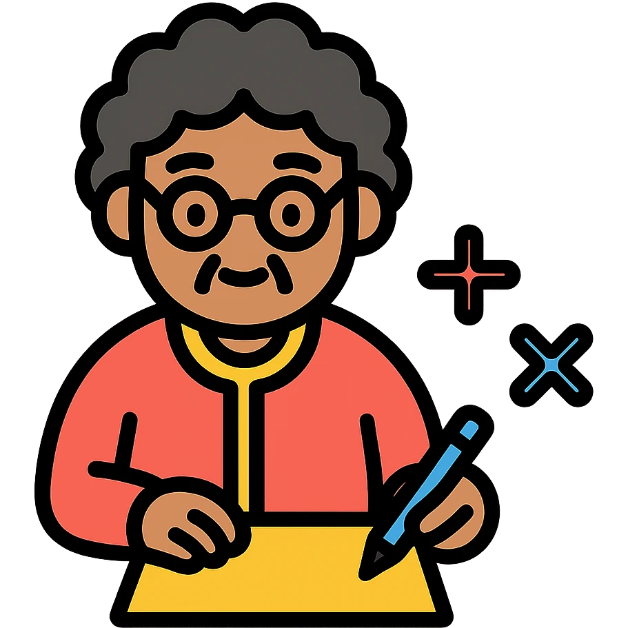 grandma with short curly black hair doing math emoji