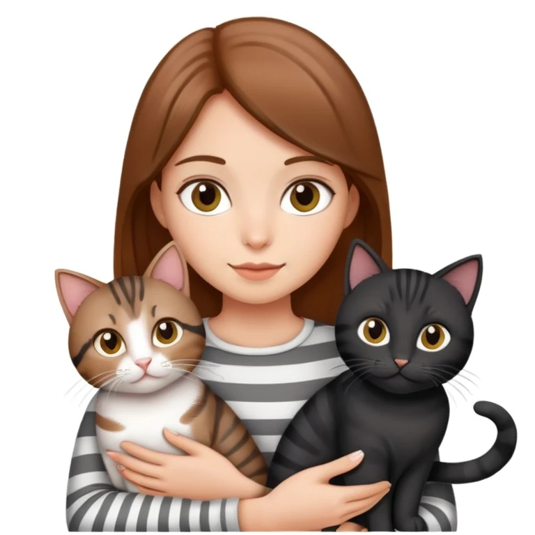 Tan brown-haired girl holding three cats, one black cat, one grey cat, and one grey-striped cat emoji
