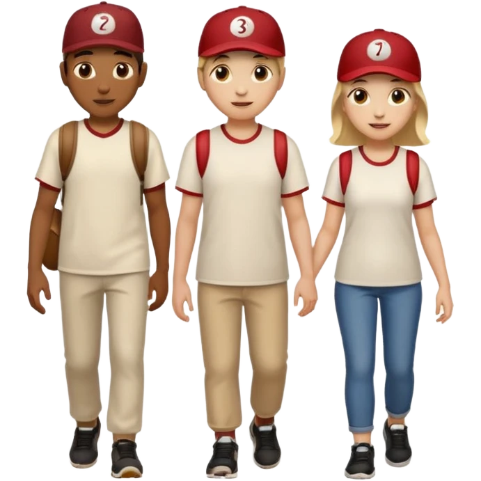 iOS emoji style. 2 adult friends and a young teenager wearing a baseball hat walking and talking.  emoji