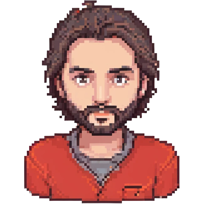 Recep İvedik wearing his signature red shirt, thick eyebrows, and beard, pixel art style emoji
