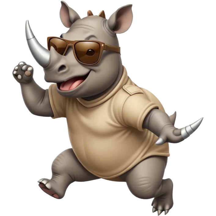 friendly anthropomorphised rhino jumping with excitement, wearing dark sunglasses, standard pose emoji