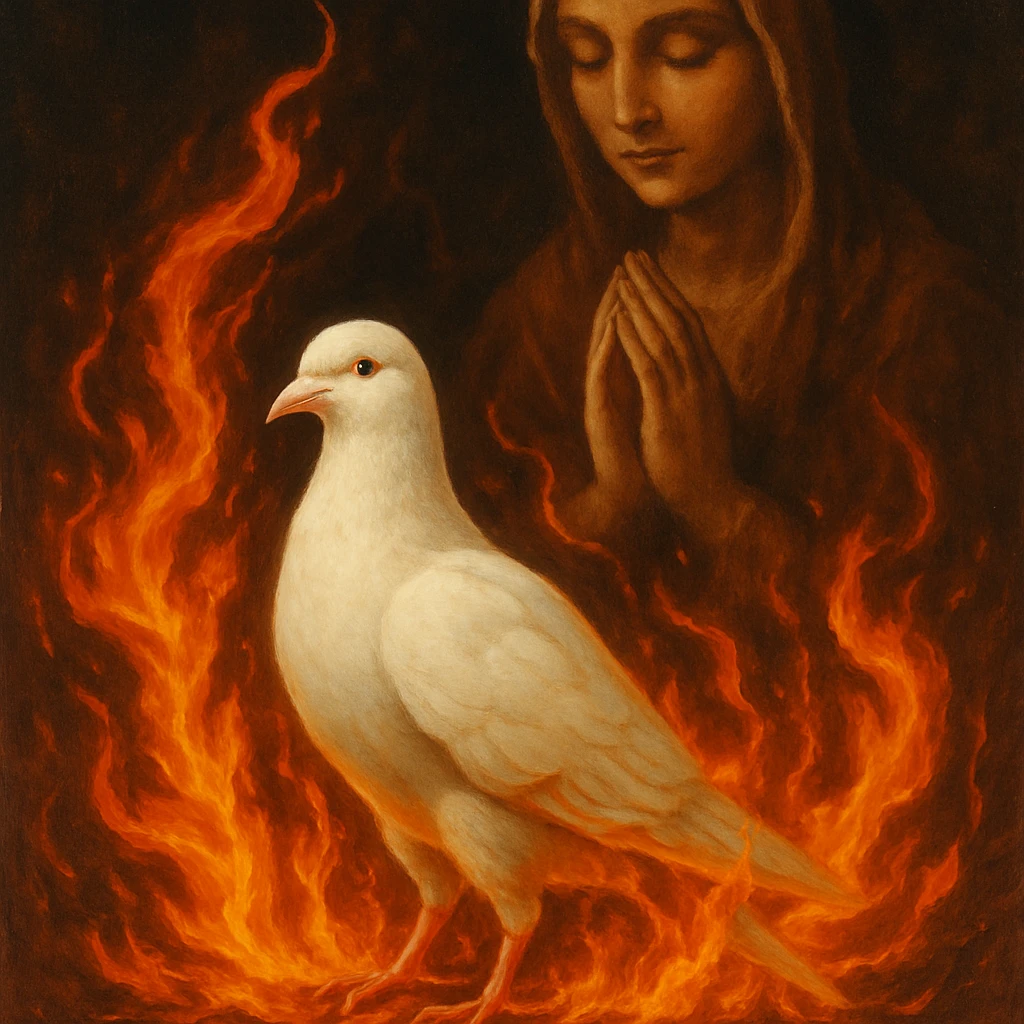 a white pigeon surrounded by fire, a praying figure in the background emoji