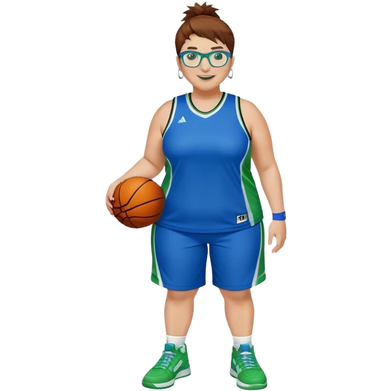 Full Body plus size white female basketball player with short medium brown hair with carmel highlights spikey hair wearing blue glasses 
 wide nose wearing blue green uniform  green sneakers smiling wearing silver hoop earrings emoji