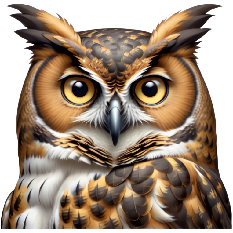 Cinematic Noble Great Horned Owl Portrait Emoji, Poised and regal, with a commanding, broad build and a richly mottled plumage of grays, whites, and subtle browns, deep-set soulful golden eyes, Simplified yet sharp and sophisticated features, highly detailed, glowing with a soft, dignified glow, high shine, intelligent and enigmatic, stylized with an air of nocturnal majesty, focused and attentive, soft glowing outline, capturing the essence of a watchful and confident raptor, so majestic it feels as though it could silently swoop out of the screen with effortless authority! emoji
