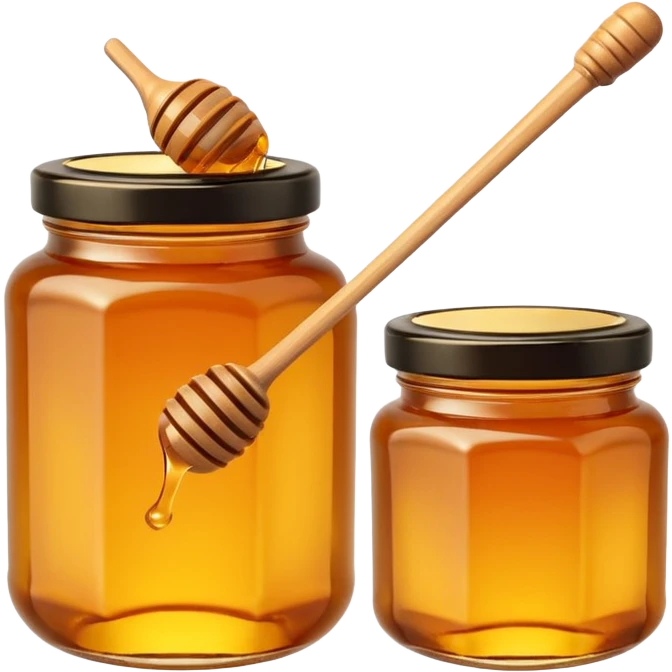 jar of honey, golden amber, glass with glossy surface, simple lid, blank label optional, minimal honey dipper, 3D clean style, transparent background, optimized for emoji size emoji