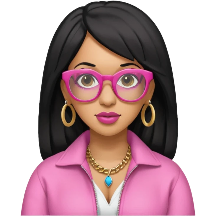 rapper Cardi B black hair, pink cloth wear glasses emoji