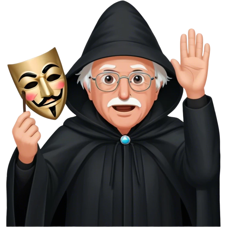 Bernie sanders in a black cloak taking off a guy fawkes mask a emoji