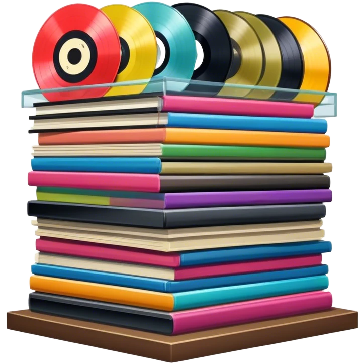 Icon for Vinyl Record Collecting: a shelf filled with a colorful assortment of vinyl records neatly stacked. The icon should evoke the love for collecting diverse vinyl records without including a record player. Transparent background. emoji