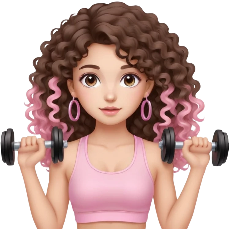 cute balayage brunette long hair curly/wavy haired girl, hoop earrings, clean girl makeup DOING EXERCISE with weights with a cute pastel pink set emoji