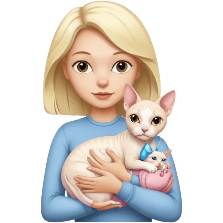A white girl with blonde hair is holding a white Sphynx cat in her arms emoji