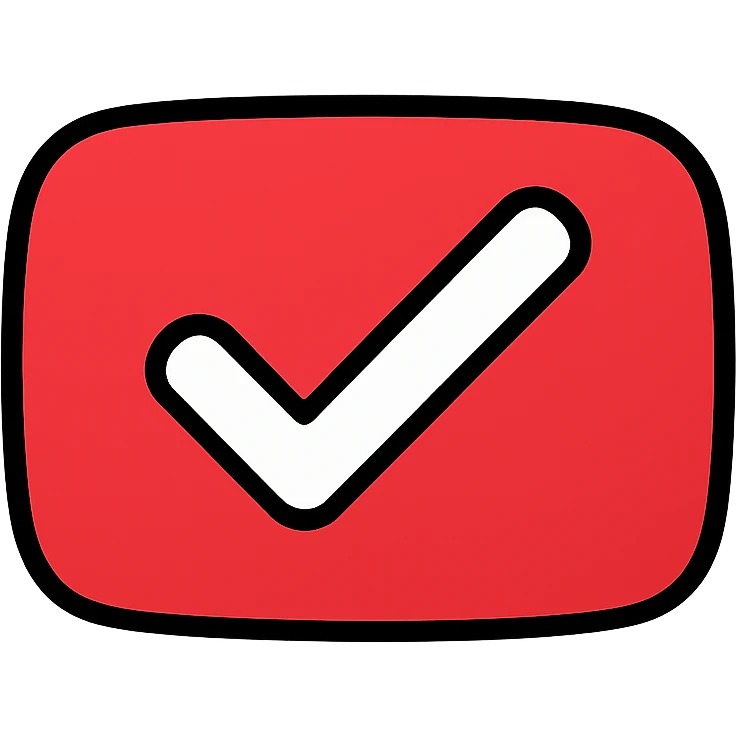 YouTube-themed tick mark with rounded edges, red background and white check, digital icon style emoji