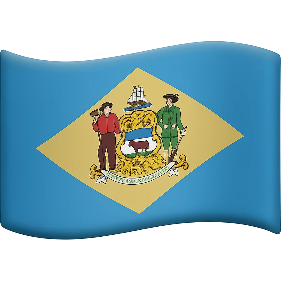 Add a waving flag effect to the Delaware flag with blue and buff diamond and coat of arms, in the style of emoji (apple style emojis). The flag should have no background. emoji
