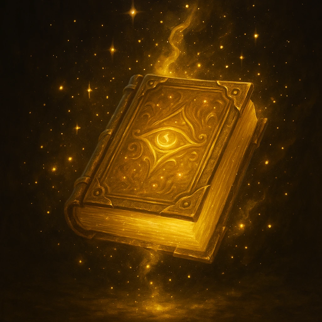 a mystic yellow book, glowing, magical, mysterious, floating, with sparkles, in a fantasy style emoji