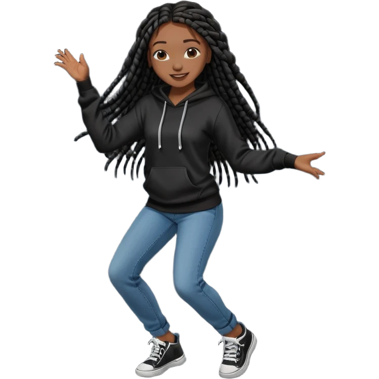 African American girl dark skin with long black box braids wearing plain black hoodie wearing skinny jeans wdancing emoji