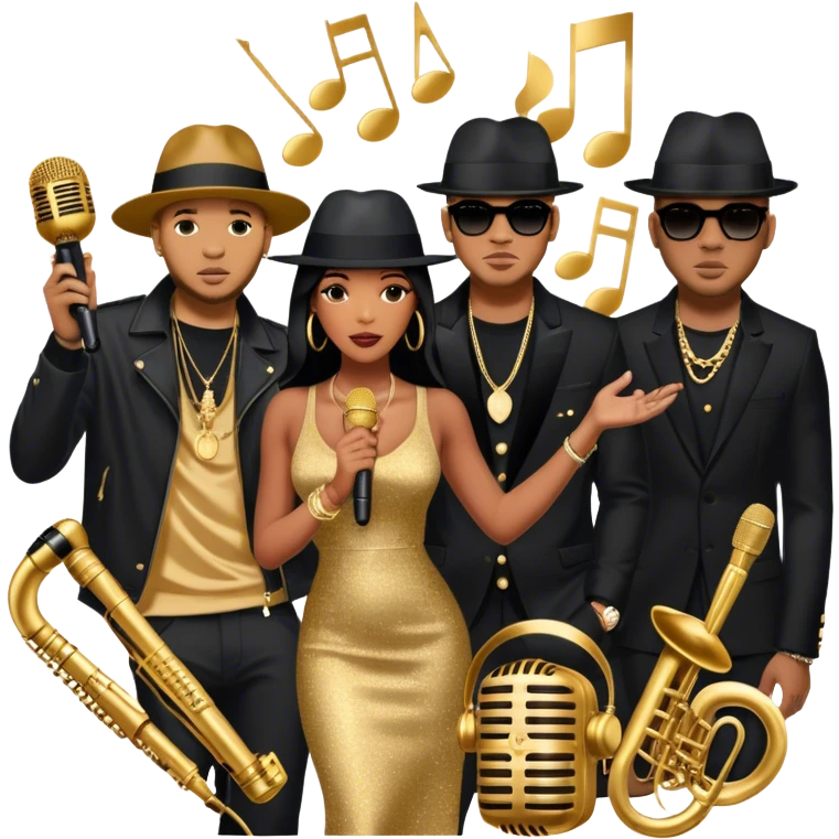 Icon for R&B Music: collage of R&B artists—Victoria Monét, Summer Walker, Usher, Chris Brown, and Muni Long. Each represented by a silhouette or symbolic item like a microphone, fedora, or music notes, reflecting the soul and energy of R&B. Transparent background. emoji