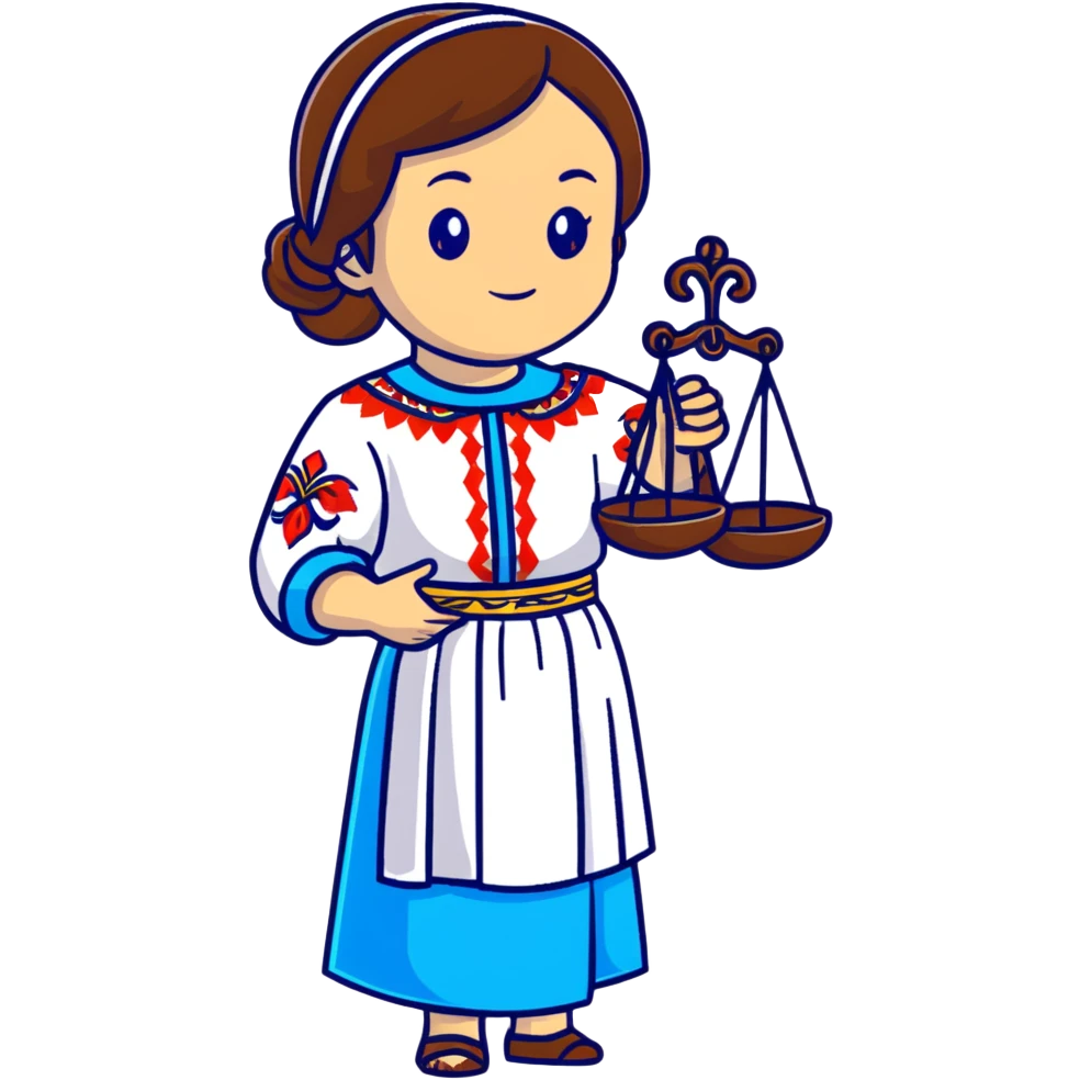 Ukrainian girl with brown hair wearing a traditional embroidered vyshyvanka shirt, holding scales of justice in her hand emoji