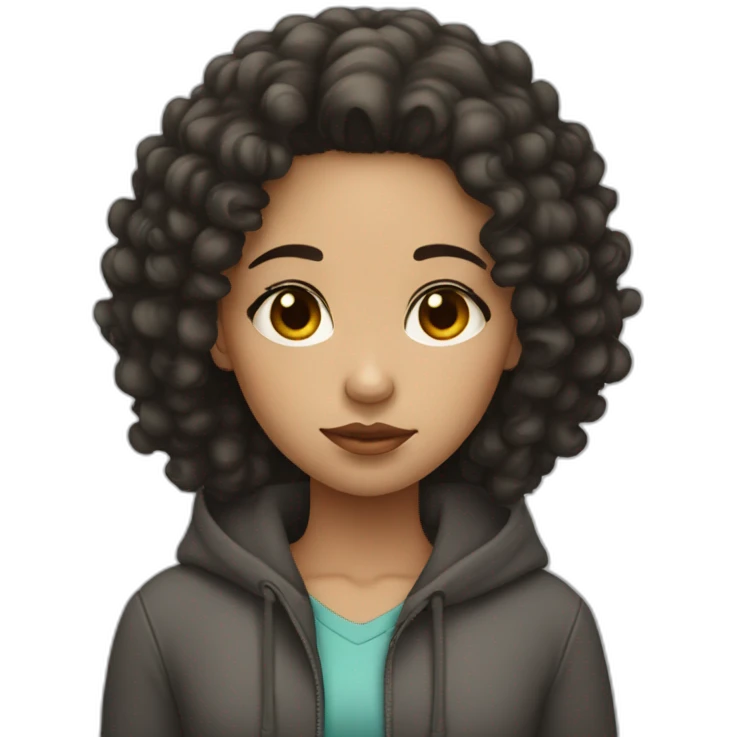 A light skin girl with black curly hair, sad emoji